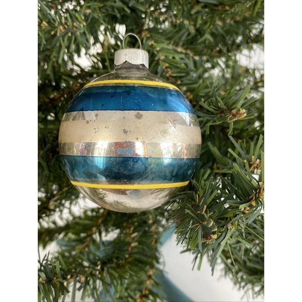 Vintage Christmas Glass Ball Ornament Striped Shiny Brite & Made USA Lot of 2